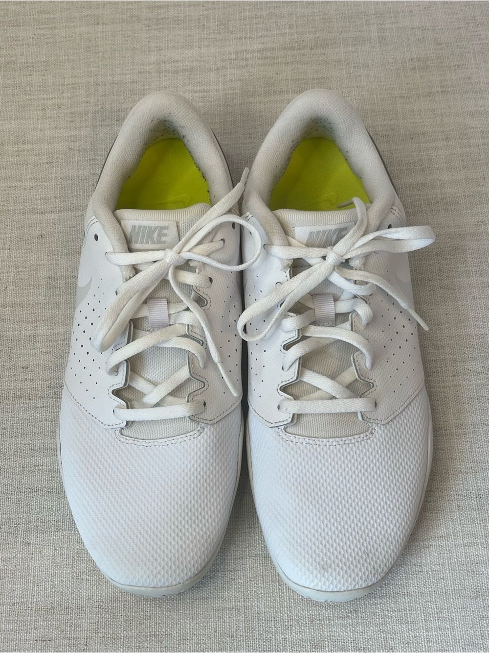 Nike Women’s White Cheer Sneakers with Neon Yellow Insoles